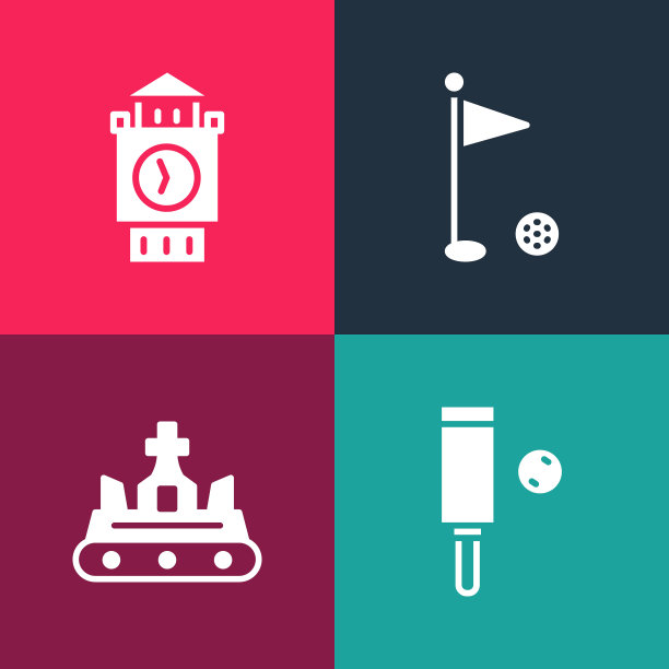 设置流行艺术木板球棒和球，英国皇冠，高尔夫旗和大本钟塔图标。向量图片下载