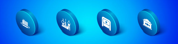 设置等距Medovik, Ushanka，锡罐与鱼子酱和圣巴西尔大教堂图标。向量图片下载