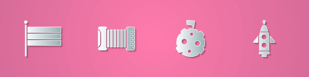 设置剪纸俄罗斯国旗，手风琴，月亮与火箭船的图标。纸艺术风格。向量图片下载