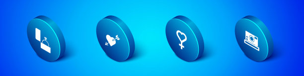 套等距钻石订婚戒指，女性性别符号，相机和爱情与心和箭头图标。向量图片下载