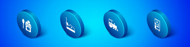 设定等距冰淇淋在碗，玩具火车，自动贩卖机和碰碰车图标。向量图片下载