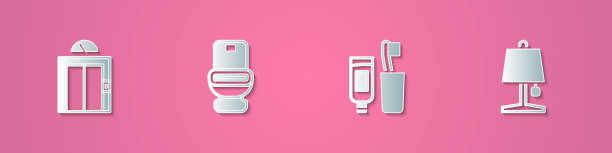 设置剪纸电梯，抽水马桶，牙刷和牙膏和台灯图标。纸艺术风格。向量图片下载