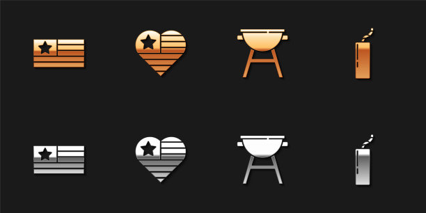 设置美国国旗，美国独立日，烧烤架和炸药炸弹图标。向量图片下载