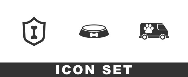 设置动物健康保险，宠物食品碗和兽医救护车图标。向量图片下载