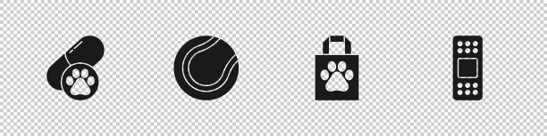 设置狗药丸，网球，购物袋宠物和绷带石膏图标。向量图片下载