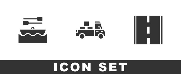 Set Boat with oars, Delivery truck and Road icon。向量图片下载