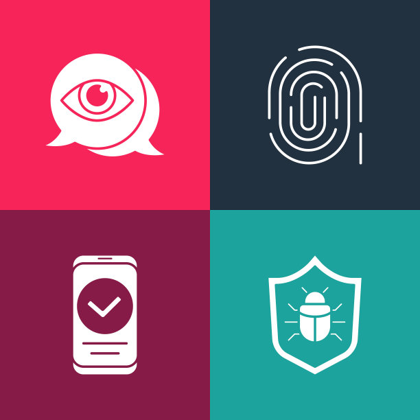 设置流行艺术系统bug，智能手机，指纹和眼睛扫描图标。向量图片下载