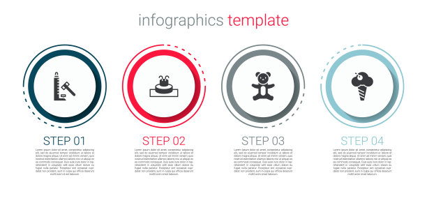 用锤子，喷泉，泰迪熊毛绒玩具和冰激淋蛋筒设置射手吸引力。业务信息模板。向量图片下载