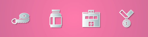 设置剪纸卷尺，运动营养，体育馆建筑和奖章图标。纸艺术风格。向量图片下载