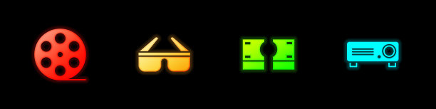 设置电影卷轴，3D电影眼镜，纸钱现金和电影，电影，媒体投影仪图标。向量图片下载