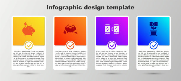 设置小猪银行与硬币，破小猪，钱支付转移和种植花盆。商业信息图模板。向量图片下载