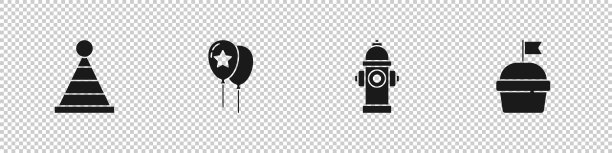 设置派对帽子，气球，消防栓和蛋糕图标。向量图片下载