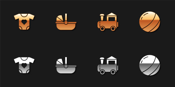 设置婴儿衣服，婴儿车，玩具火车和沙滩球图标。向量图片下载