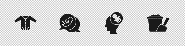 设置婴儿衣服，，假奶嘴和沙子在桶与铲子图标。向量图片下载