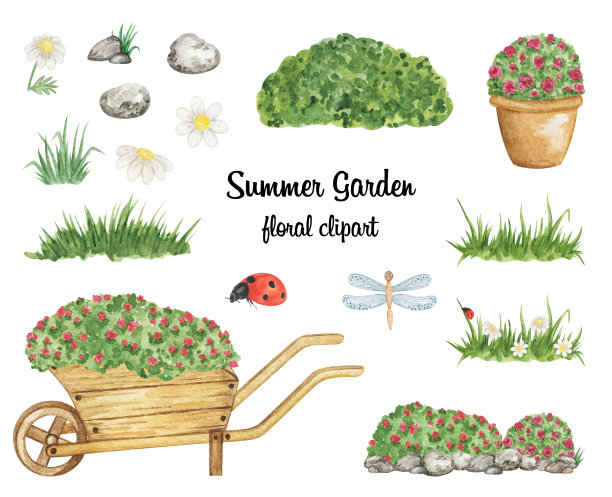 夏季花园剪报，夏季花卉集，草，手推车与花，灌木，园艺水彩手绘插图图片下载