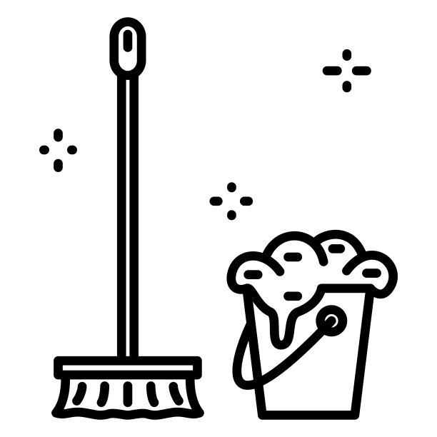 清洁工具。拖把，刷子，桶与清洁溶液。卫生，消毒，家务，除尘，污垢，清洁。矢量图标，轮廓，隔离，48x48像素。图片下载