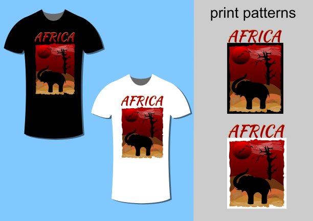 以非洲甜点为主题的t恤设计，可在白色或黑色t恤上印刷，包含打印图片的矢量时装设计图片下载