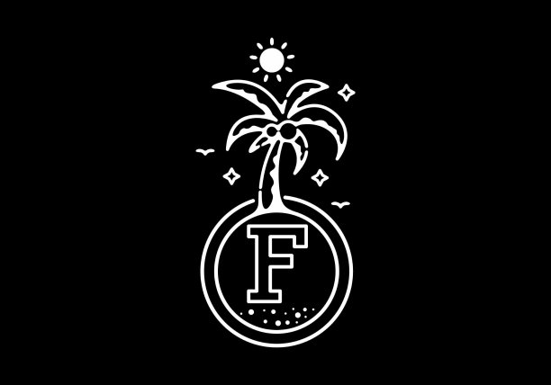 白黑线艺术插图的椰子树在海滩上与F首字母设计图片下载