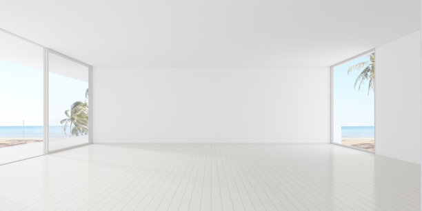 3d渲染的空房间与木地板和大型素色墙在海上背景。图片下载