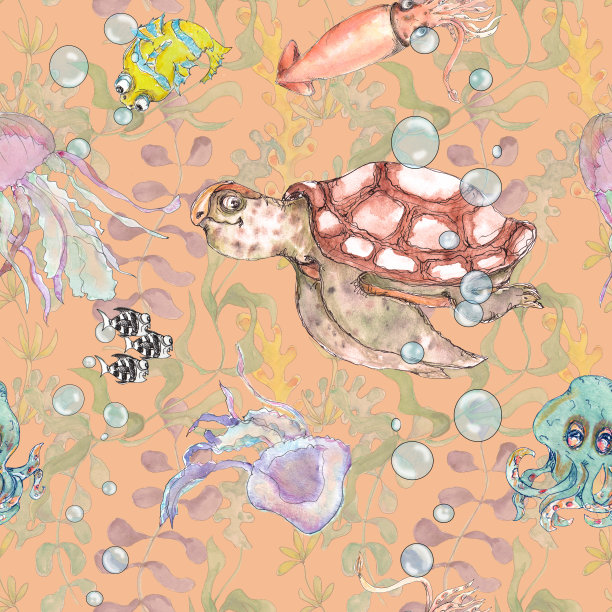 海底航海水彩印花装饰海洋生活复古风格无缝图案图片下载