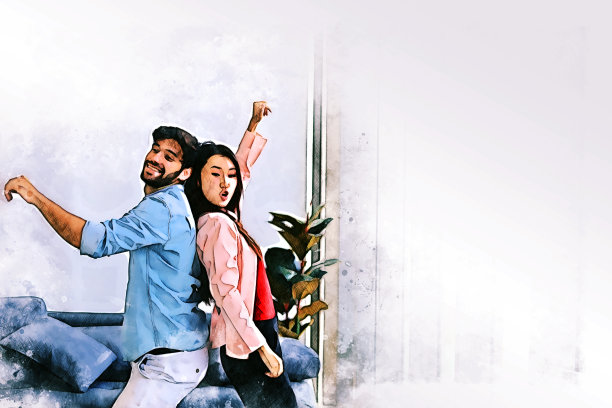 抽象幸福的年轻夫妇放松和工作在家水彩插画的背景。图片下载