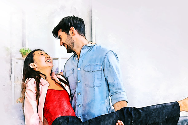 抽象幸福的年轻夫妇放松和工作在家水彩插画的背景。图片下载