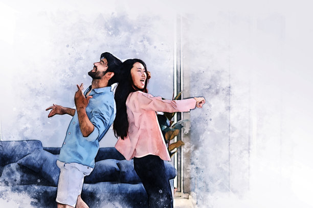 抽象幸福的年轻夫妇放松和工作在家水彩插画的背景。图片下载