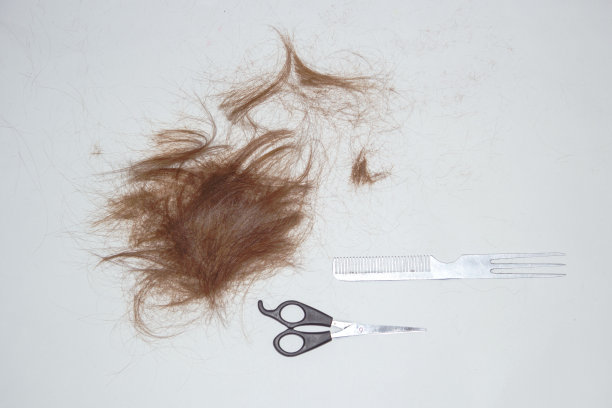 栗色的头发落在白色的背景上。附近的剪刀和梳子图片下载