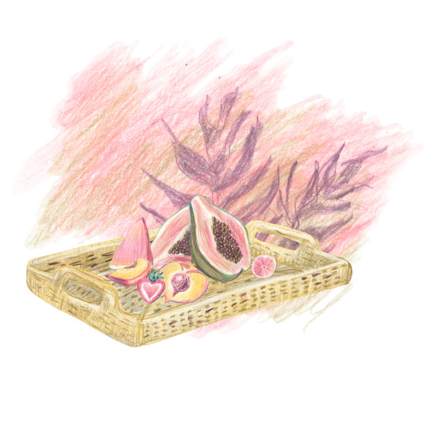 由彩色热带水果、浆果、树叶和抽象的粉红色颜料组成。用彩色铅笔画出不同元素的手绘草图。图片下载