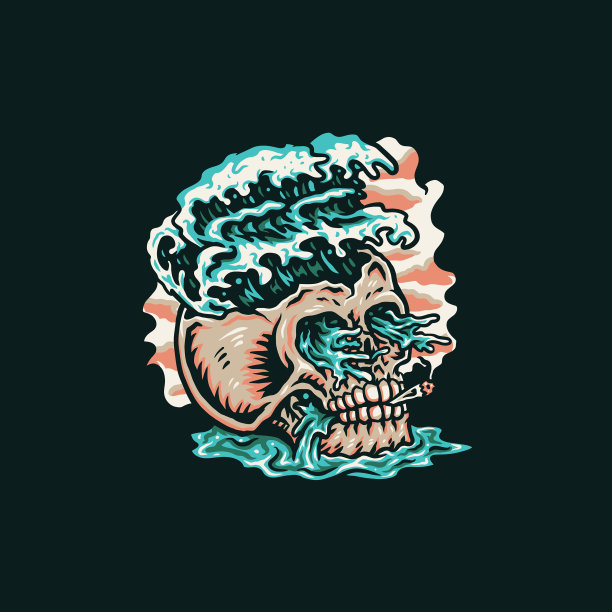 骷髅夏天沙滩t恤平面设计图片下载