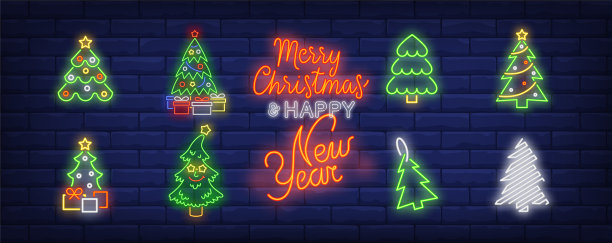 新年树霓虹招牌设图片下载