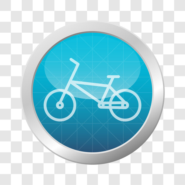 自行车图标在浅蓝色闪亮的圆形框架。光滑的按钮与自行车符号在透明的背景。矢量插图。图片下载