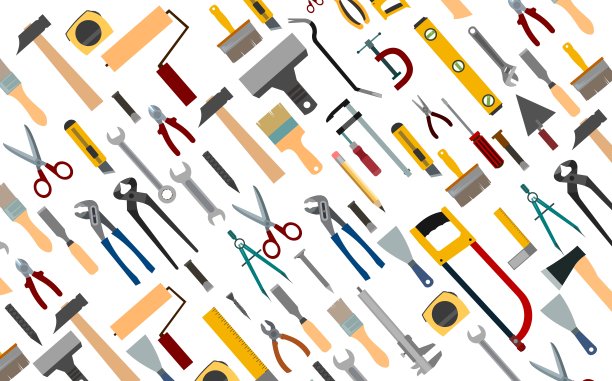 施工工具。背景。当过油漆工，木匠，建筑工，杂工。维修和施工服务。销售工具。锤子，钳子，锯子，剪刀，刷子。图片下载