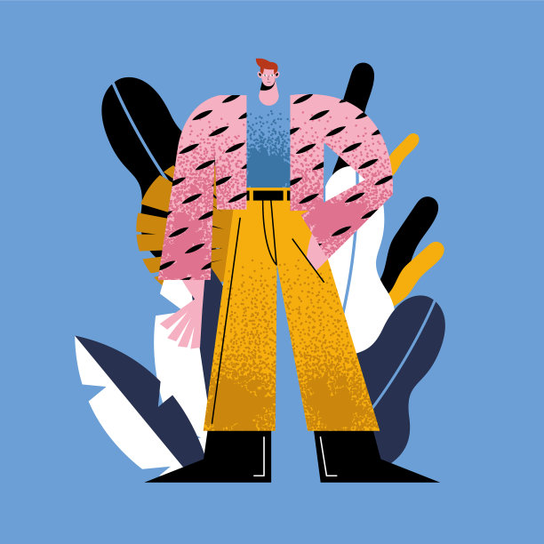 树叶上穿条纹夹克的卡通男人图片下载