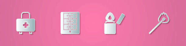 设置剪纸急救箱，疏散计划，打火机和燃烧火柴与火图标。纸艺术风格。向量图片下载