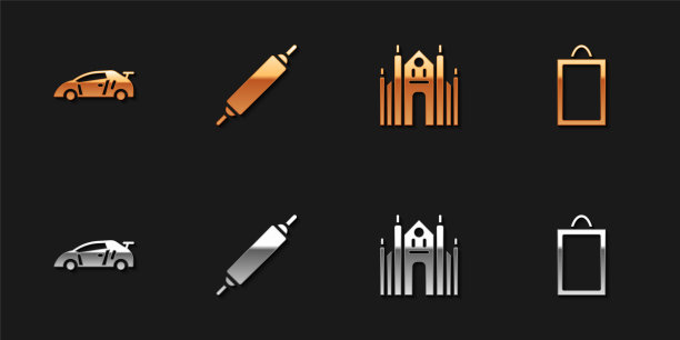 设置赛车，擀面杖，米兰大教堂和图片图标。向量图片下载