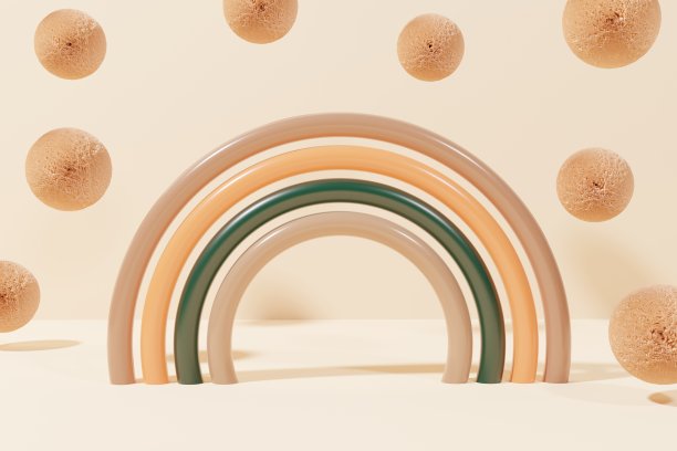 3d渲染的塑料现代彩虹与飞行毛茸茸的球在米色的背景图片下载