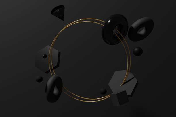 3d渲染的黑色飞行几何形状，六边形，球体，锥形和甜甜圈与金色的环框架图片下载