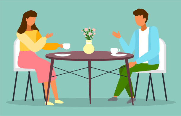 男人和女人坐在桌子旁，咖啡在里面图片下载