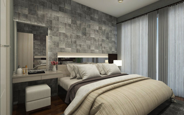 现代的主卧室，舒适的床和木制梳妆台图片下载