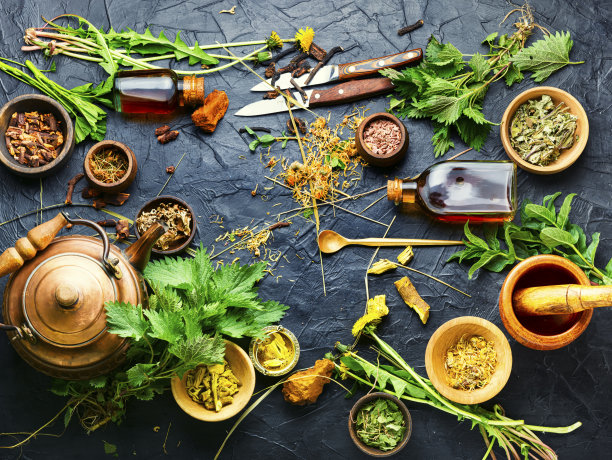 在草药治疗草药，根和提取物图片下载