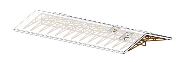 纵向斜屋顶的3d插图透视与木制剪刀桁架和天窗图片下载
