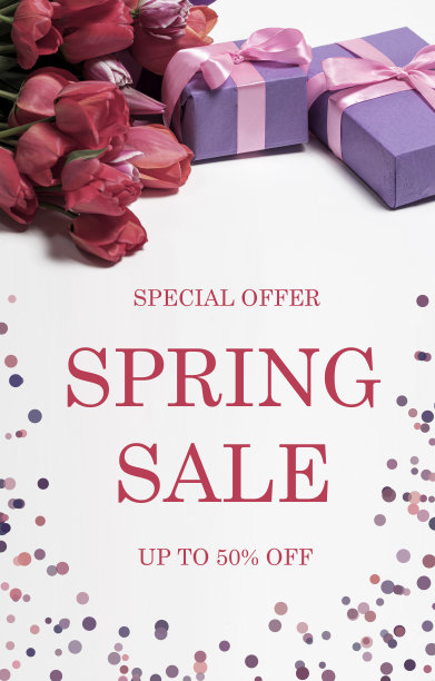 垂直横幅与文字关于春季销售特别优惠，折扣高达50%的郁金香和礼物图片下载