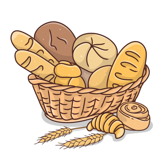 篮子与面包房产品在白色背景图片下载