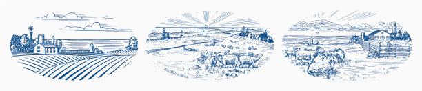 农村草地，村庄景观与牛山羊图片下载