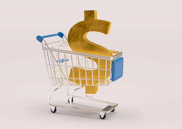 购物车与黄金美元货币符号3D渲染图片下载
