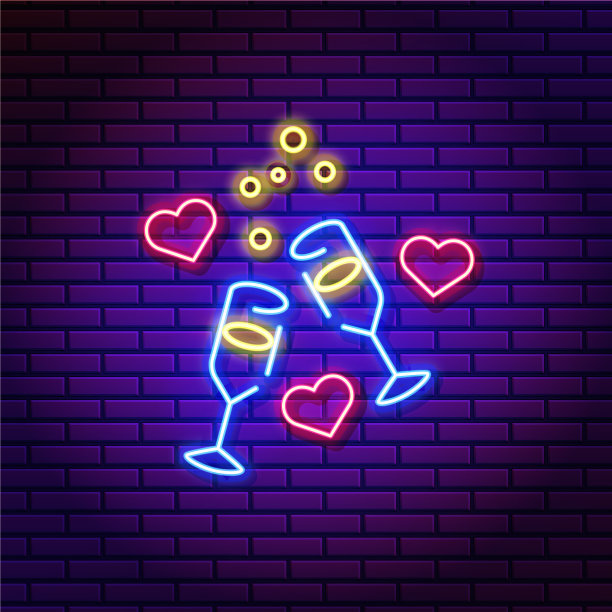 霓虹香槟酒杯敬酒心形情人节图片下载