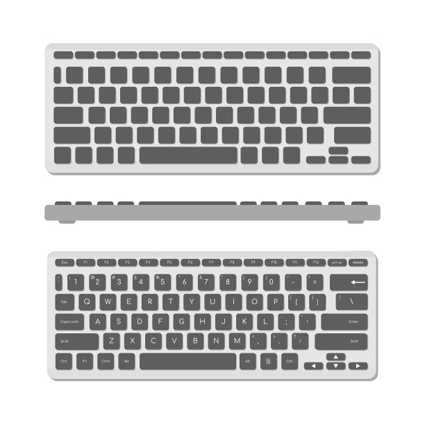 一套灰色的电脑键盘，两种类型和一个正面视图。电脑键盘的现代形象。平面向量插图图片下载