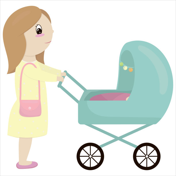 妈妈穿着黄色的裙子，带着粉色的包，带着宝宝散步，矢量插图图片下载