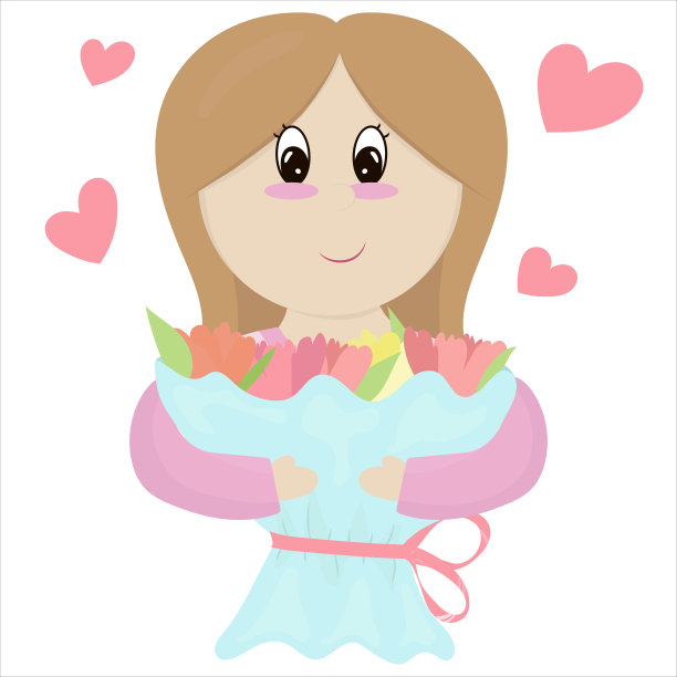 妈妈穿着粉红色的裙子，举着一大束鲜花庆祝节日——母亲节，妇女节，矢量插图图片下载